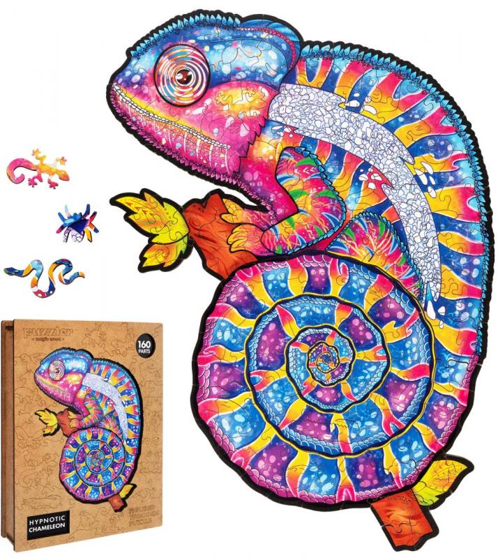 DREVENÉ FAREBNÉ PUZZLE - Hypnotický chameleón